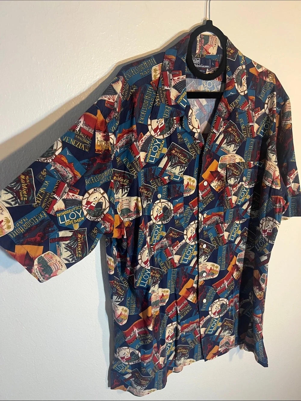 Polo by Ralph Lauren Vintage Multicolor Travel Patch Print Button-Down Shirt L